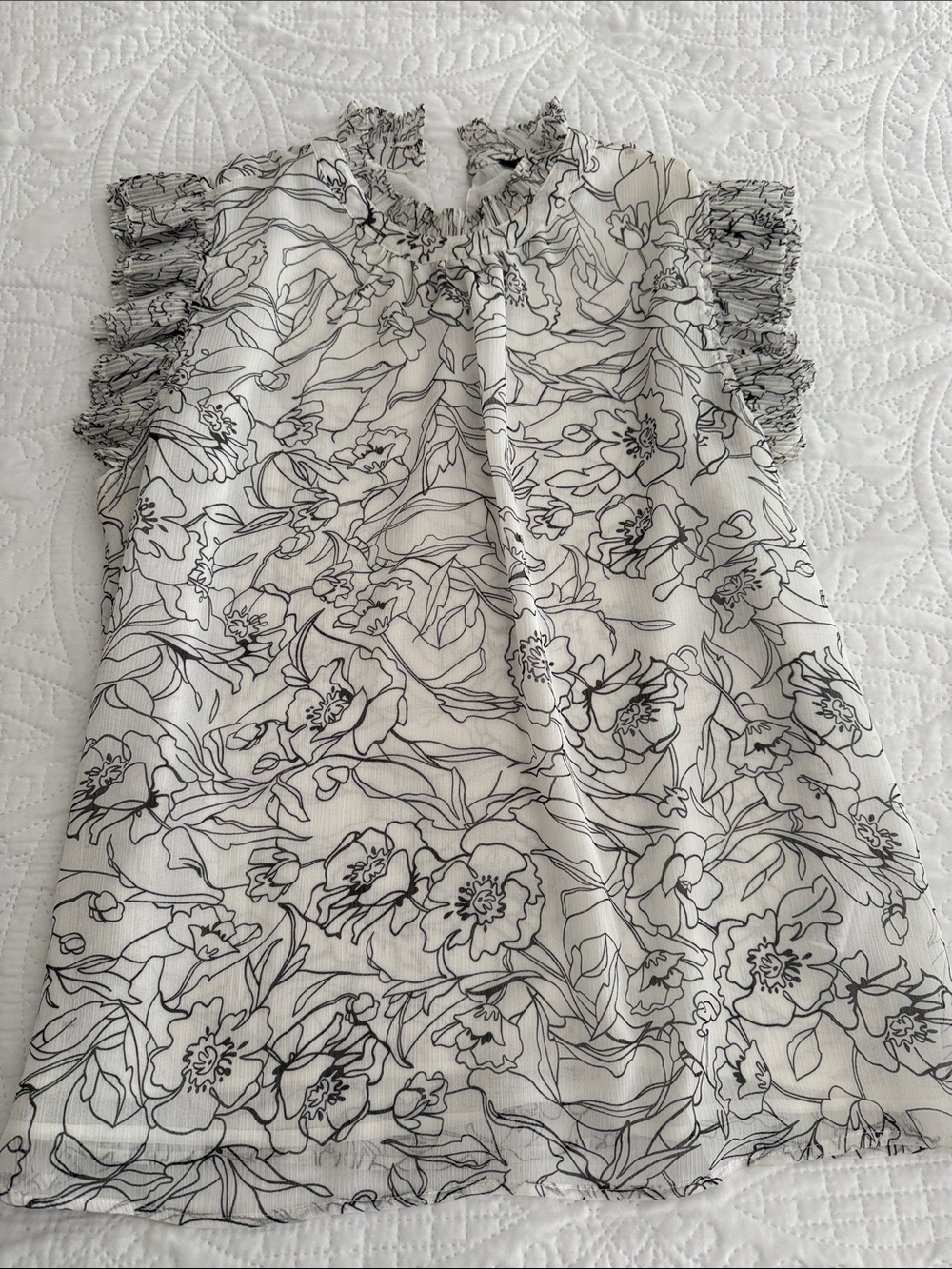 Tahari White Blouse with Black Floral Outline